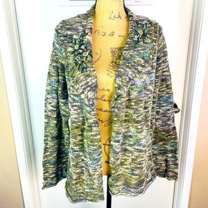 COLDWATER CREEK Open Sweater Green Stripped Knit Button L Cardigan Embellished